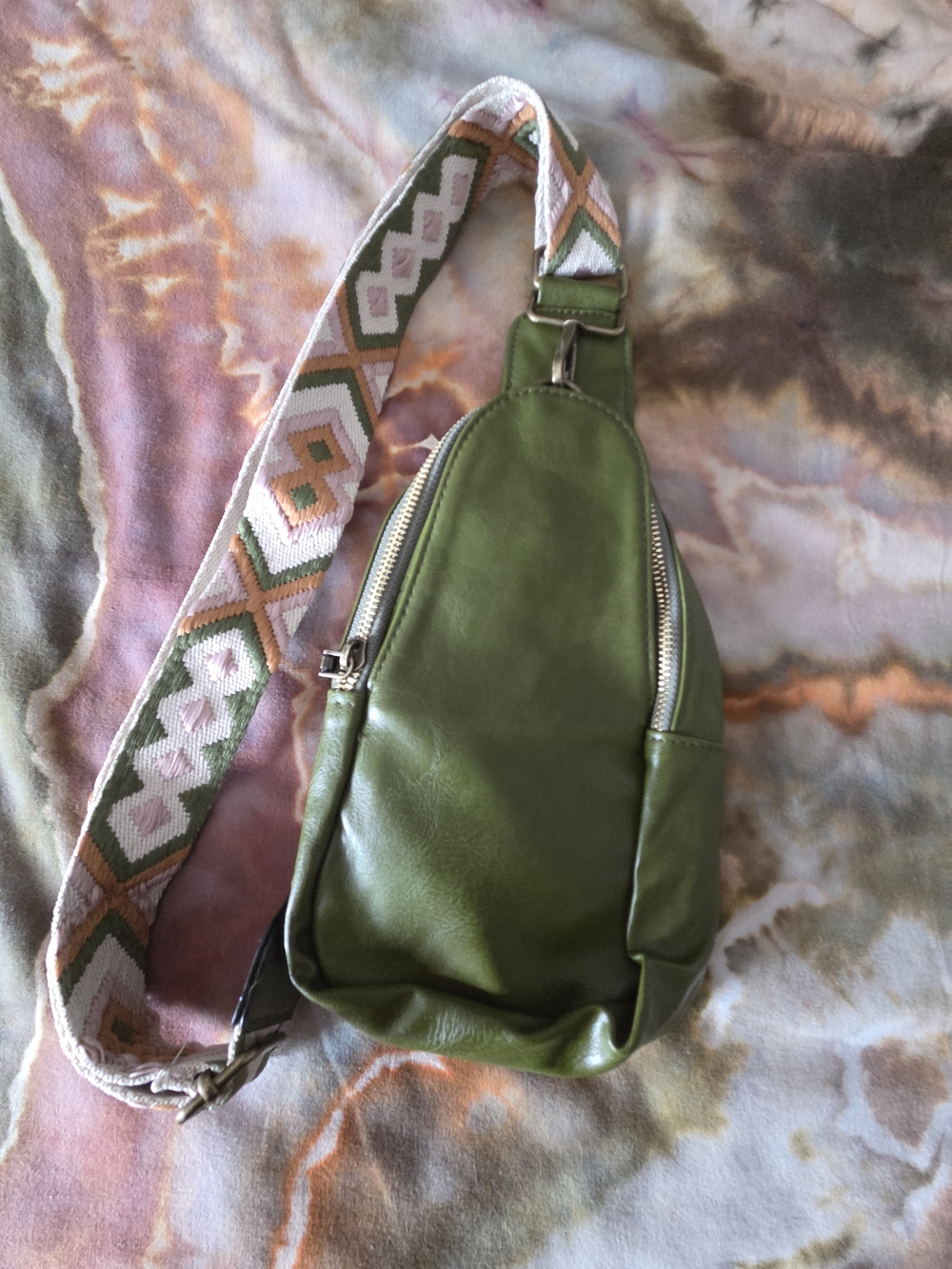 Olive Green Leather Sling Bag with Patterned Strap